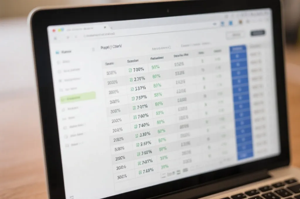A close-up of a clean digital spreadsheet on a laptop screen displaying organized columns of sports statistics and percentages