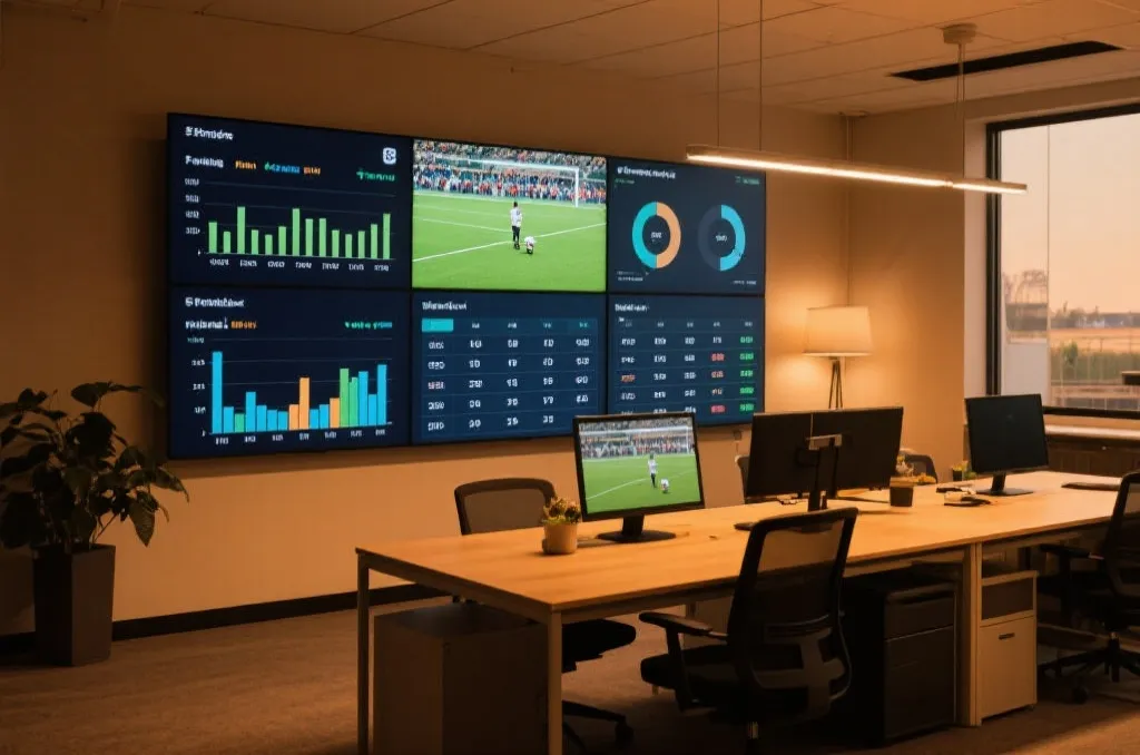Analytical workspace with charts of statistical probabilities and match schedules