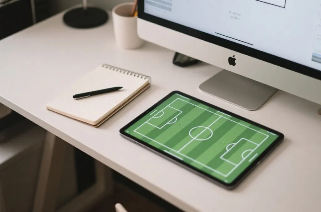 A clean editorial workspace with a notebook, pen, and tablet displaying soccer tactics layout